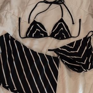 Victoria's Secret Black and White Striped Bikini With Swim Skirt